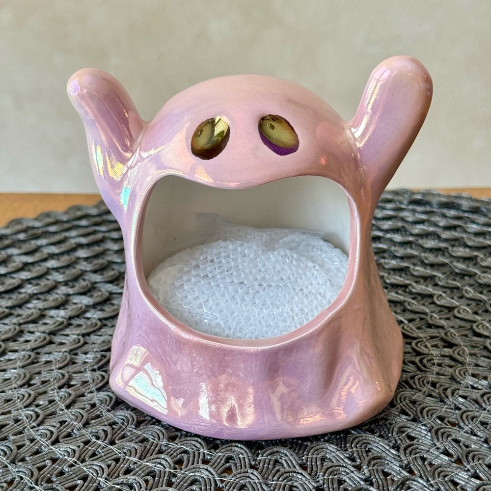 Happy Hauntings Iridescent Pink Ceramic Ghost Sponge Holder with Sponge New!